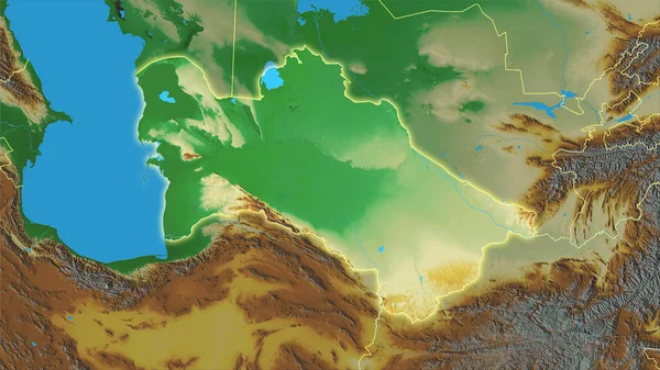 立体投影地形图上的土库曼斯坦地区 具有发光轮廓的栅格层的原始组成 — 图库照片