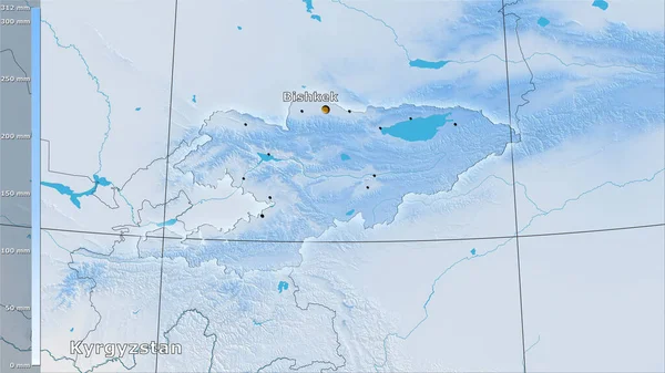 Precipitation of warmest quarter within the Kyrgyzstan area in the stereographic projection with legend - main composition