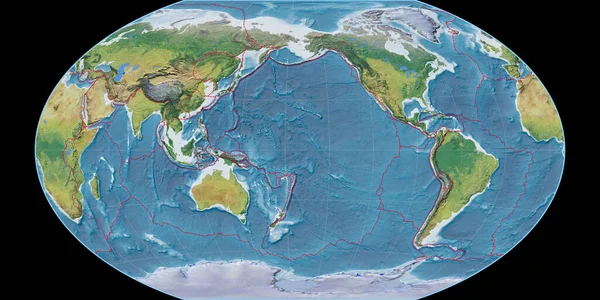 ウィンケル トリペル プロジェクションの世界地図は 170西の経度を中心にしています 主な写真地形の特徴 格子プレートと地殻プレートの境界とラスターの複合体 3Dイラスト — ストック写真