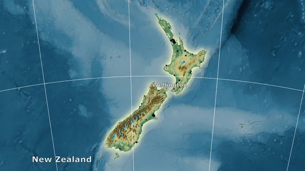 凡例付きの立体投影におけるニュージーランドエリア内の地形リリーフマップ 主な組成 — ストック写真