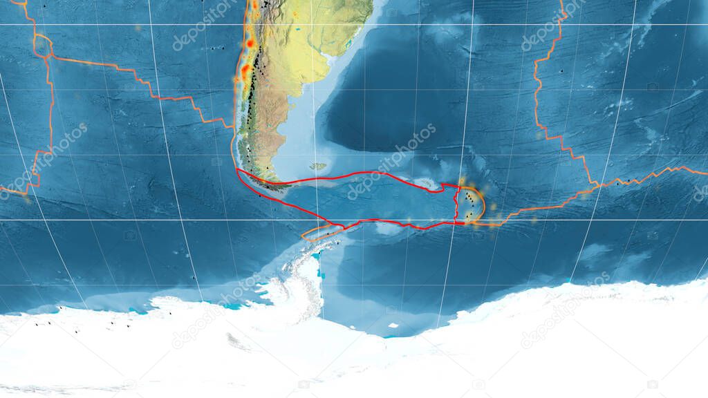 Scotian tectonic plate outlined on the global topographic map in the Kavrayskiy projection. 3D rendering