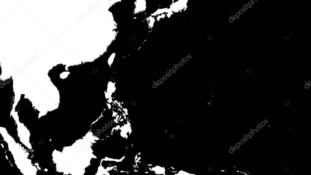 White mask of lands within areas adjacent to the Philippine Sea tectonic plate. Black background. Van der Grinten I projection (oblique transformation). Compositing tool