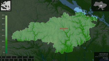 Kirovohrad, Ukrayna bölgesi. Gölleri ve nehirleri olan renkli gölge verileri. Ülke alanına karşı bilgilendirici örtülerle sunulan şekil. 3B görüntüleme