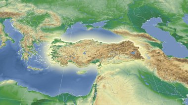 Türkiye ve mahallesi. Uzak eğimli perspektif - şekil parlıyordu. renk fiziksel haritası