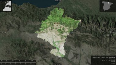 Comunidad Foral de Navarra, İspanya Özerk Topluluğu. Uydu görüntüleri. Ülke alanına karşı bilgilendirici örtülerle sunulan şekil. 3B görüntüleme