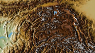Gorno-Badakhshan, Tacikistan bölgesi. Gölleri ve nehirleri olan renkli gölge verileri. Ülke alanına göre şekillendirilmiş. 3B görüntüleme