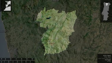 Vila Real, Portekiz bölgesi. Uydu görüntüleri. Ülke alanına karşı bilgilendirici örtülerle sunulan şekil. 3B görüntüleme