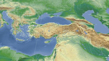 Türkiye ve mahallesi. Uzak eğimli perspektif - şekil çizilmiş. renk fiziksel haritası