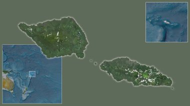 Samoa 'ya ve bölgedeki konumuna ve büyük ölçekli bir dünya haritasının merkezine yakın çekim. Uydu görüntüleri