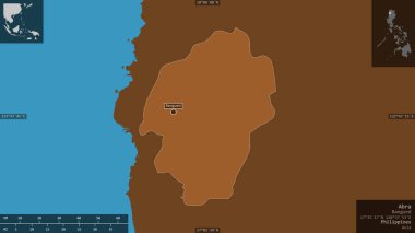 Abra, Filipinler vilayeti. Gölleri ve nehirleri olan katı yapılar. Ülke alanına karşı bilgilendirici örtülerle sunulan şekil. 3B görüntüleme