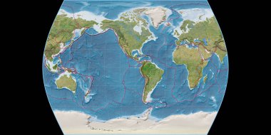 Times Atlas projeksiyonundaki dünya haritası 90 Batı boylamına odaklı. Uydu görüntüsü B, raster 'ın gratikül ve tektonik plakalarla birleşimi. 3B illüstrasyon