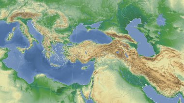 Türkiye ve mahallesi. Uzak eğimli perspektif - özet yok. renk fiziksel haritası