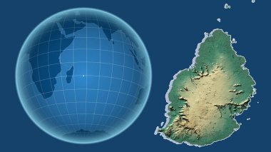 Mauritius. Yakınlaştırılmış haritaya karşı ülkenin şekline sahip dünya mavi arka planda izole edilmiş. topografik yardım haritası