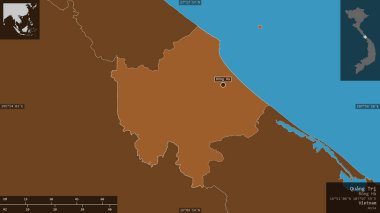 Quang Tr, Vietnam vilayeti. Gölleri ve nehirleri olan katı yapılar. Ülke alanına karşı bilgilendirici örtülerle sunulan şekil. 3B görüntüleme