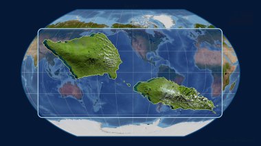Kavrayskiy projeksiyonundaki küresel bir haritaya karşı perspektif çizgileriyle Samoa 'ya yakınlaştırılmış görünüm. Şekil merkezli. uydu resimleri