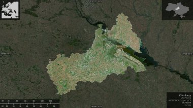 Cherkasy, Ukrayna bölgesi. Uydu görüntüleri. Ülke alanına karşı bilgilendirici örtülerle sunulan şekil. 3B görüntüleme