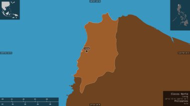 Ilocos Norte, Filipinler vilayeti. Gölleri ve nehirleri olan katı yapılar. Ülke alanına karşı bilgilendirici örtülerle sunulan şekil. 3B görüntüleme