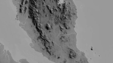 Pahang, Malezya Eyaleti. Gölleri ve nehirleri olan gri tonlu bir harita. Ülke alanına göre şekillendirilmiş. 3B görüntüleme