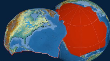 Kuzey Amerika 'nın tektonik plakası yayıldı ve dünyaya karşı sunuldu. Topoğrafik yardım haritası. 3B görüntüleme