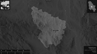 Sumadijski, Sırbistan bölgesi. Gölleri ve nehirleri olan gri tonlu bir harita. Ülke alanına karşı bilgilendirici örtülerle sunulan şekil. 3B görüntüleme