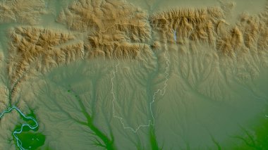 Valcea, Romanya Bölgesi. Gölleri ve nehirleri olan renkli gölge verileri. Ülke alanına göre şekillendirilmiş. 3B görüntüleme