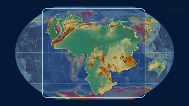 Venezuela 'nın, Kavrayskiy projeksiyonundaki küresel haritaya karşı perspektif çizgileriyle yakınlaştırılmış görüntüsü. Şekil merkezli. topografik yardım haritası