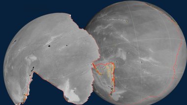 Pasifik tektonik plakası dışarı çıktı ve dünyaya karşı sunuldu. Gri tonlama yükseklik haritası. 3B görüntüleme