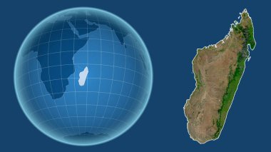 Madagaskar. Yakınlaştırılmış haritaya karşı ülkenin şekline sahip dünya mavi arka planda izole edilmiş. uydu resimleri