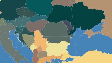 Romanya ve komşuları. Uzak eğimli perspektif - özet yok. idari bölümlerin renk haritası