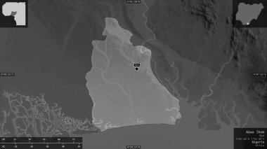 Akwa Ibom, Nijerya eyaleti. Gölleri ve nehirleri olan gri tonlu bir harita. Ülke alanına karşı bilgilendirici örtülerle sunulan şekil. 3B görüntüleme