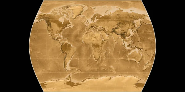 时代地图集投影中的世界地图以东经11度为中心 塞皮亚着色的高程图 光栅与满意的原始复合材料 3D插图 — 图库照片