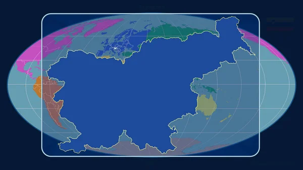 スロベニアのアウトラインを視野線で拡大し スウェーデンの予測では世界地図に対して反対しています 形を中心に 大陸のカラーマップ — ストック写真