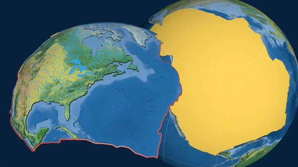 Placca Tettonica Nordamericana Estrusa Presentata Contro Globo Mappa Topografica Rendering — Foto Stock