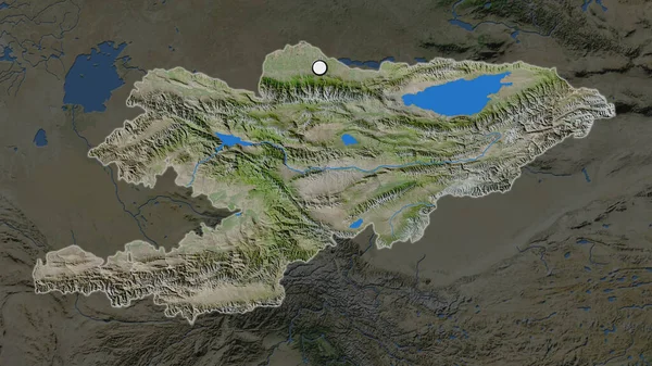 キルギスタンのハイライトされた地域で その周辺の地図上に首都ポイントがあります 衛星画像 — ストック写真