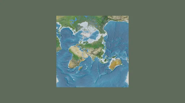 世界大比例尺地图的正方形框架 呈倾斜的范德格林登投影 以吉尔吉斯斯坦领土为中心 卫星图像 — 图库照片