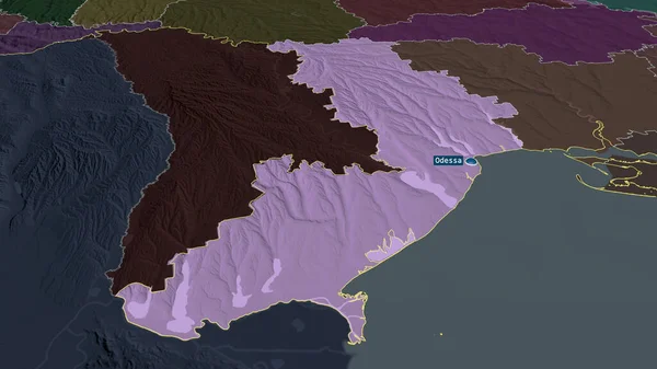 Odessa - region of Ukraine zoomed and highlighted with capital. Colored and bumped map of the administrative division. 3D rendering