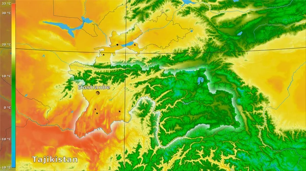 Efsanevi Stereografik Projeksiyonda Tacikistan Bölgesinin Sıcak Çeyreğinin Ortalama Sıcaklığı Ana — Stok fotoğraf