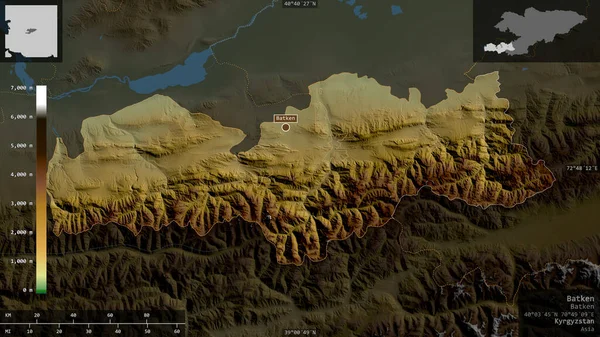 Batken Provincia Kirguistán Datos Sombreado Colores Con Lagos Ríos Forma — Foto de Stock