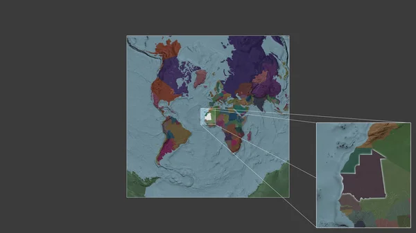 从世界大比例尺地图中提取的毛里塔尼亚扩大和扩大的地区 其主要线连接了框架的各个角落 行政区划的彩色地图 — 图库照片