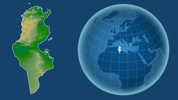 Tunisko Globe Tvarem Země Proti Zvětšené Mapě Obrysem Izolovaným Modrém — Stock fotografie