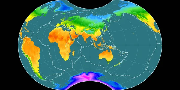 位于毛雷尔表面球状投影的世界地图以东经90度为中心 年平均温度图 具有满意和构造板块边界的栅格组合 3D插图 — 图库照片