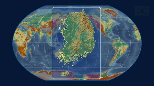 Увеличенный Виду Южной Кореи Очертания Перспективными Линиями Против Глобальной Карты — стоковое фото