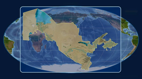 Vista Ampliada Uzbequistão Delinear Com Linhas Perspectiva Contra Mapa Global — Fotografia de Stock