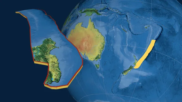 Plaque Tectonique Kermadec Extrudée Présentée Contre Globe Carte Topographique Rendu — Photo