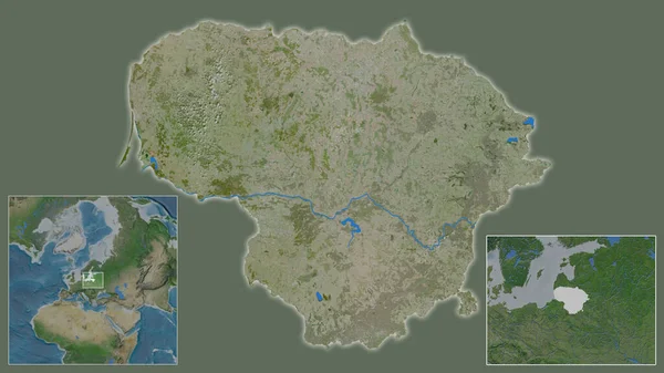 立陶宛的近景及其在该区域的位置 以及在一个大比例尺世界地图中心的位置 卫星图像 — 图库照片