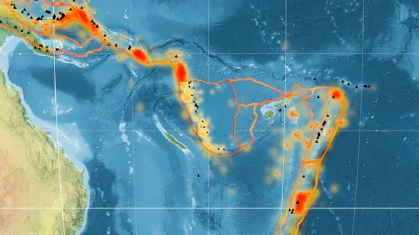 Mollweide投影中的全球地形图上勾勒出的新赫布里底板块 3D渲染 — 图库照片