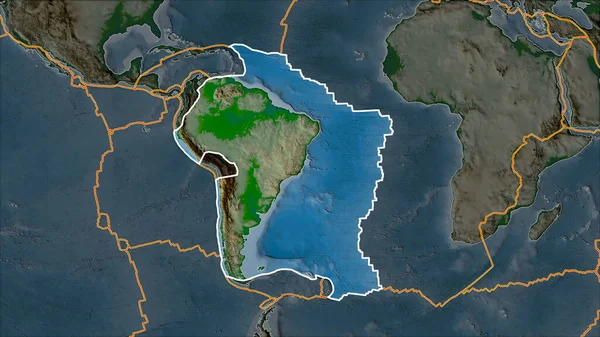 Obrysy Jihoamerické Tektonické Desky Fyzické Mapě Oddělené Desaturací Přilehlých Oblastí — Stock fotografie