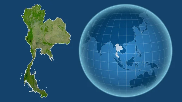 Thaiföld Globe Ország Alakja Ellen Zoomolt Térkép Vázlatát Elszigetelt Kék — Stock Fotó