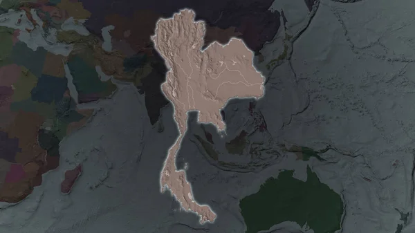 Tailandia Área Ampliada Brilló Sobre Fondo Oscuro Sus Alrededores Mapa —  Fotos de Stock