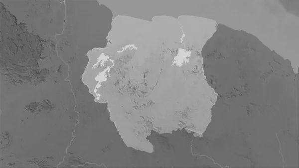 立体投影灰度高程图上的苏里南地区 栅格层的原始组成 — 图库照片